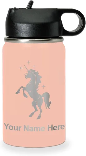 Vista 40 de LaserGram Botella de agua de doble pared abatible de 12 onzas con pajita, unicornio, grabado personalizado incluido (rosa)