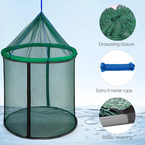 Vista 3 de QualyQualy Floating Fish Basket 41/73 Gallons Extra Large for Live Caught, Fully Foldable Fishing Net Holder for Bait Live Well Collapsible Mesh