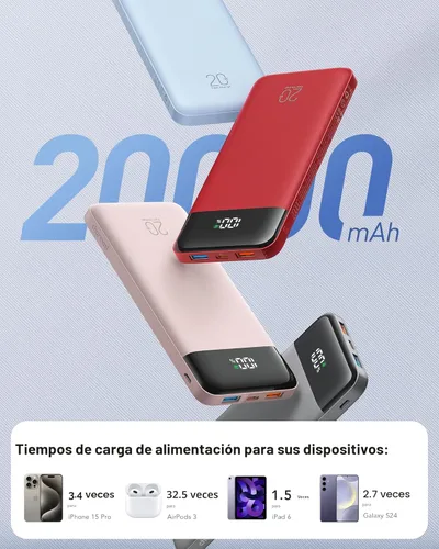 Vista 6 de Charmast 20000mAh Cargador Portátil con Cables Integrados, Banco de Energía de 22.5W para Viajes con Carga Rápida, Batería Externa USB C