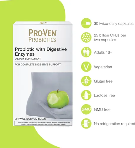 Vista 2 de Pro-Ven Probióticos con enzimas digestivas 25 mil millones de UFC Apoya la salud digestiva y la absorción de nutrientes Acidophilus y Bifidus
