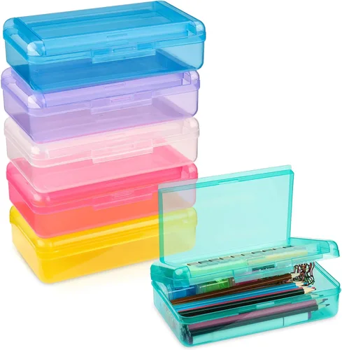 Vista 12 de Estuche para lápices de doble capa y gran capacidad, caja de plástico translúcido con tapa a presión, caja de almacenamiento de suministros