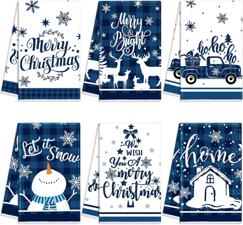 Oudain Juego de 6 paños de cocina de Navidad, toalla de cocina de Navidad, búfalo azul, a cuadros, alce, muñeco de nieve, casa de nieve, camión,
