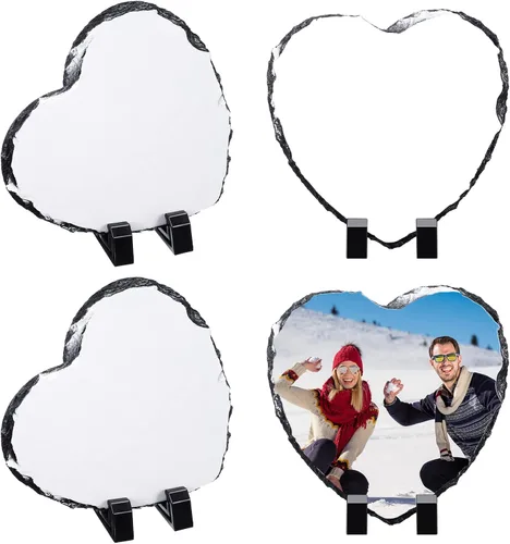 Gersoniel 4 Pcs Christmas Sublimation Heart Gifts Anniversary Blank Rock Slate 5.9'' x 5.9'' Stone Plaque Customized Couple Photo Frame Display