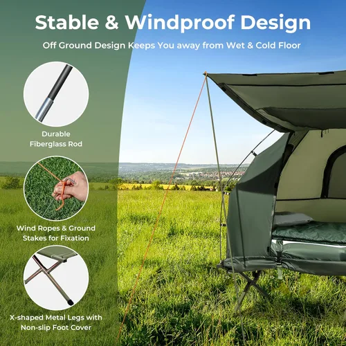 Vista 7 de GYMAX Tent Cot, 5-in-1 Folding Camping Cot with Mattress & Pillows, Sleeping Bags, Sunshade, Camping Tent Elevated with Carrying Bag for Outdoor