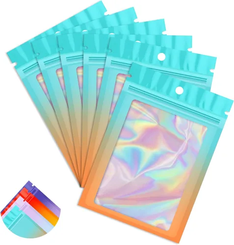 Vista 15 de Paquete de 100 bolsas holográficas de Mylar, bolsa de papel de aluminio transparente con cierre, bolsa de embalaje para almacenamiento de alimentos