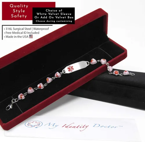 Vista 3 de Medical Bracelet For Women With Free Engraving, Pink Glass Stainless Steel Personalized Medic ID Custom Sized Alert