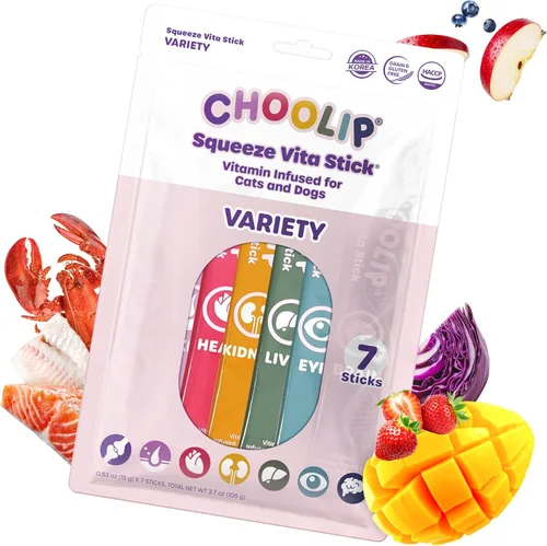 Choolip Squeeze Vita Stick - Golosinas lamibles para gatos y perros, paquete variado de 7 unidades, puré cremoso con multivitaminas para