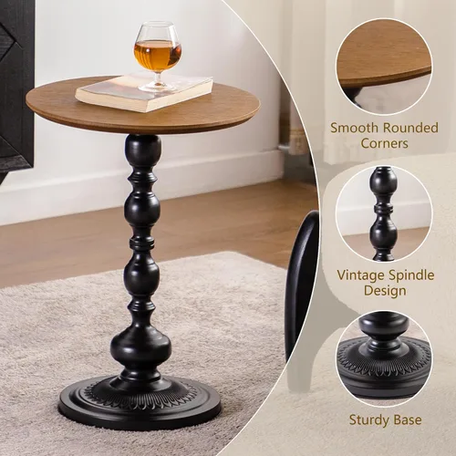 Vista 4 de Framhose - Mesa auxiliar redonda, mesa auxiliar pequeña con parte superior de madera y base negra, mesa de pedestal para sala de estar, esquinas