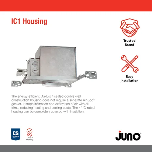 Vista 2 de Juno - Carcasa de luz de techo incandescente de 4 pulgadas para construcción nueva, luz empotrada con clasificación IC con perchas ajustables