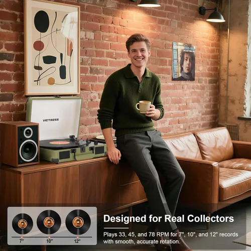 Vista 6 de Tocadiscos con altavoces, reproductor de discos de vinilo Bluetooth con grabación, reproductor LP portátil de maleta de 3 velocidades, tocadiscos