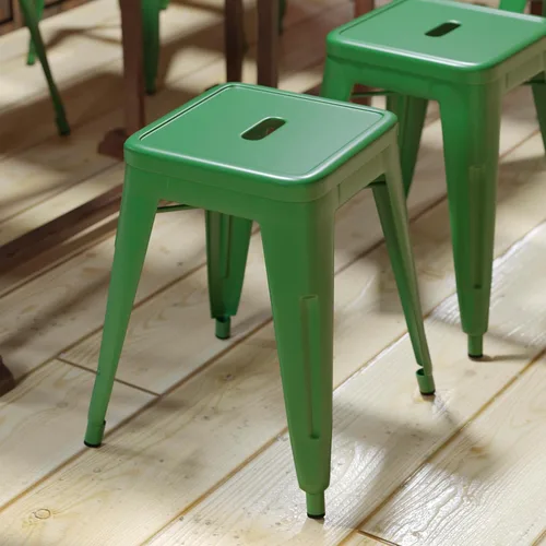 Vista 75 de Flash Furniture Taburete de metal para mesa de comedor, taburete de grado comercial Kai morado sin espalda, silla de comedor apilable de 18
