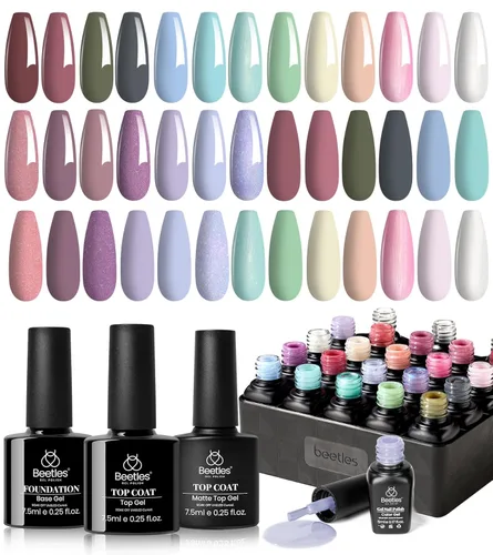 Vista 27 de Beetles - Juego de esmaltes de uñas de gel, 20 colores, rosa, blanco, negro, amarillo, rojo, kit de esmalte de gel con purpurina con calcomanías