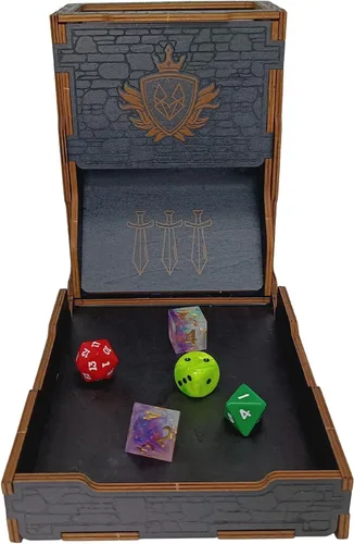 Vista 7 de FOXBITE Torre de dados para Dungeons and Dragons Tower con bandeja de madera grabada con láser DND portátil y plegable, rodillo de dados perfecto