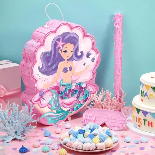 Vista 4 de Piñata de concha para fiesta de cumpleaños de sirena, piñata temática de mar con palo, venda y confeti para decoración de cumpleaños de sirena