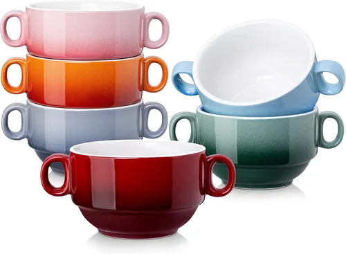 LOVECASA Cuencos de Sopa Multicolor de 12 OZ con Asas, Cuencos Pequeños de Cerámica para Sopa de Cebolla Francesa, Mini Tazas de Sopa Cuencos de