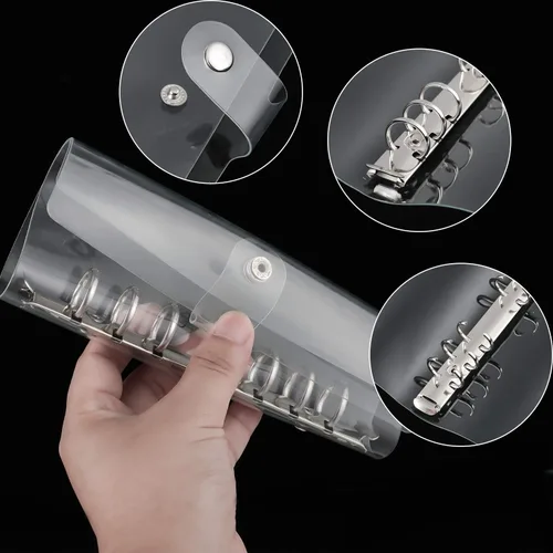 Vista 4 de Zonon Carpeta transparente A6 transparente de PVC suave de 6 anillas, carpeta de presupuesto recargable, cubierta protectora de cierre de botón a