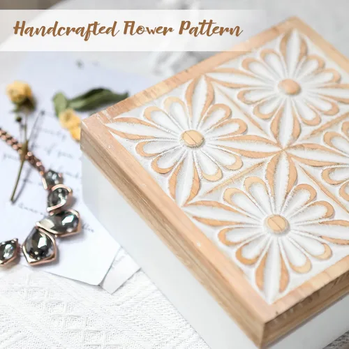 Vista 5 de Pequeña caja decorativa con tapa, caja de almacenamiento de recuerdos de madera, flor tallada, hecha a mano, joyero rústico para baratijas