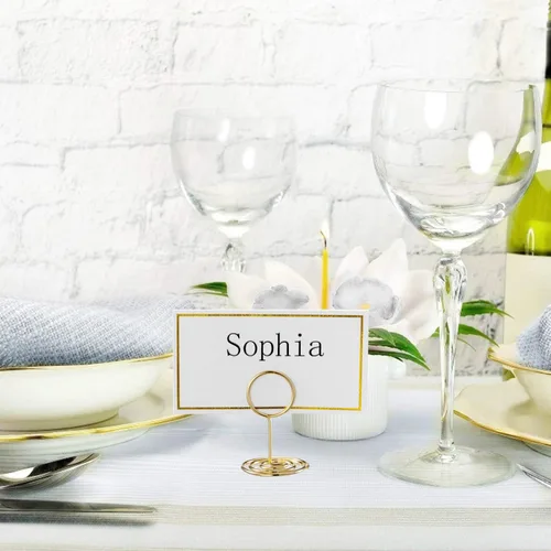 Vista 5 de Toncoo 24 mini soportes de números de mesa de alta calidad y 24 tarjetas de lugar con borde de lámina dorada, soporte para tarjetas de lugar