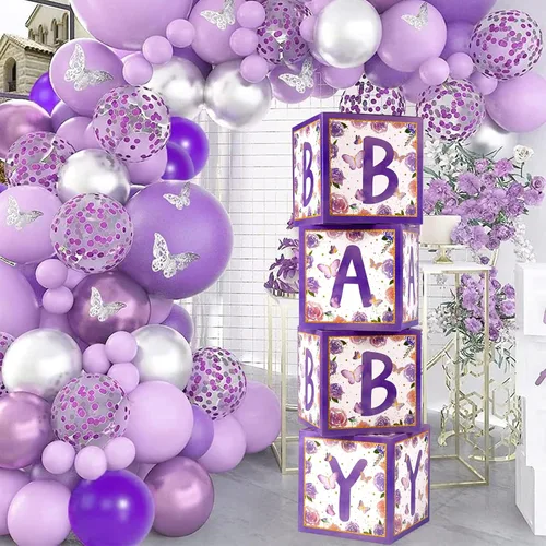 Vista 12 de Voircoloria Cajas de bebé con letras para baby shower, 4 cajas de globos transparentes con letras para revelación de género, cumpleaños, boda, Negro