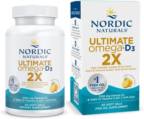 Nordic Naturals Ultimate Omega 2X con vitamina D3, sabor a limón, 60 geles blandos, 2150 mg de omega-3 + 1000 UI D3, aceite de pescado omega-3, EPA
