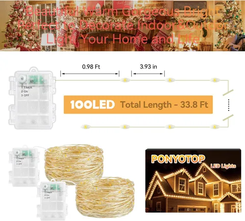 Vista 5 de Guirnalda de luces de hadas con temporizador de 33 pies, 2 unidades, 100 luces LED, funciona con pilas, para exteriores, impermeable, para bodas