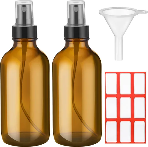 Fumete Paquete de 2 botellas de vidrio de 4 onzas líquidas vacías recargables con 1 etiqueta, 1 embudo para aceites esenciales, cabello, viajes,