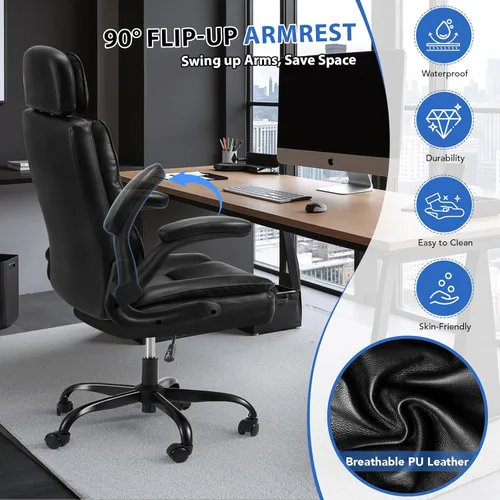 Vista 6 de Cómoda silla de oficina con reposacabezas ajustable, silla de escritorio ejecutiva de cuero con soporte lumbar, función mecedora, silla ergonómica