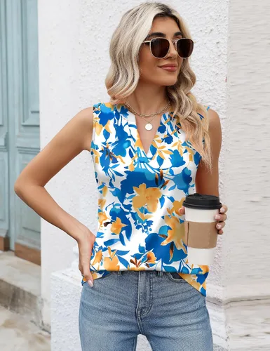 Vista 5 de Romanstii Camisas sin mangas para mujer, estilo casual, de verano, cuello en V, blusas elegantes, túnica