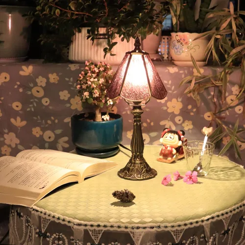 Vista 6 de Small Tiffany Table Lamp Purple Rippled Stained Glass Desk Lamps 6X6X14 Inch Bronze Resin Base Antique Mini Accent Light