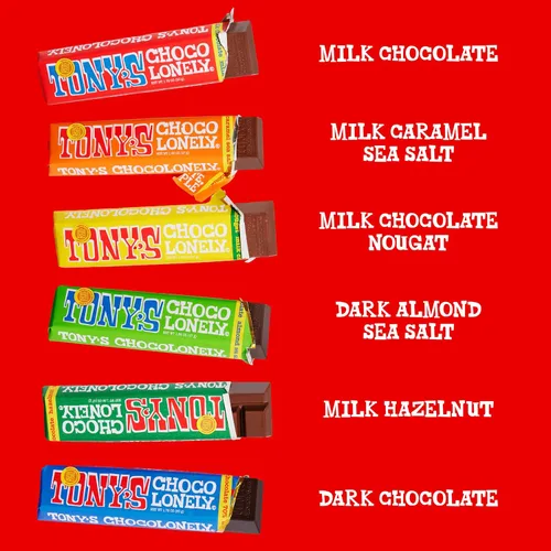 Vista 5 de Tony’s Chocolonely - Paquete de variedad de barras de chocolate arcoíris, chocolate belga oscuro y con leche con sal marina, caramelo, almendra