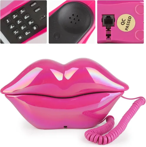 Vista 3 de Sangyn Teléfono de labios con cable, teléfono con cable novedoso, teléfono con cable con forma de dibujos animados, teléfono fijo real