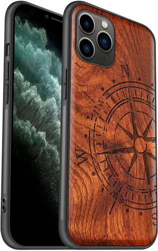 Vista 10 de Carveit Funda de madera para iPhone 11 Pro Max [madera real dura y TPU suave negro] a prueba de golpes, protector de teléfono de madera único