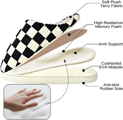 Vista 3 de Pantuflas de casa para mujer y hombre, pantuflas peludas para mujer, pantuflas de espuma viscoelástica a cuadros para mujer, pantuflas