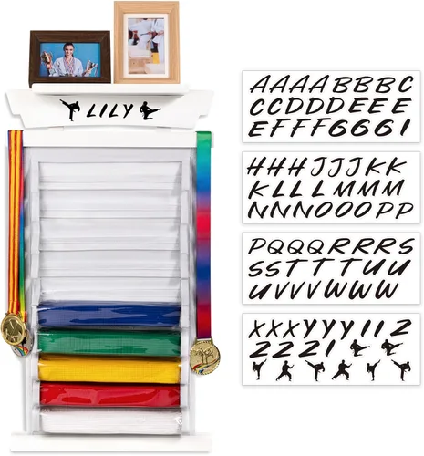 Vista 7 de Tilhumt 10/12 Belts Karate Belt Display Rack with Photo Shelf, Felt Taekwondo Belt Display Rack Martial Arts Belt Display for Adults TKD, BJJ