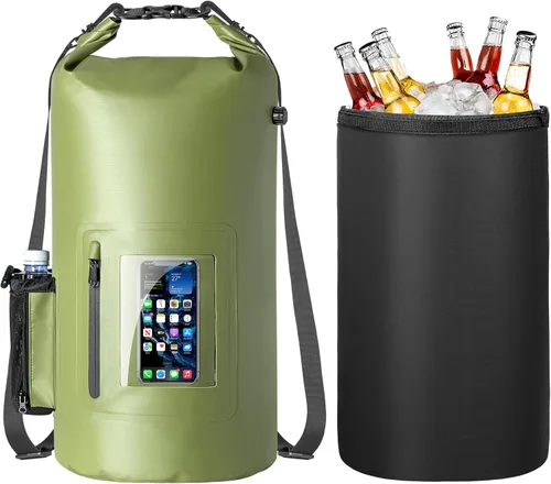 Vista 9 de Bolsa seca impermeable de 30L con enfriador desmontable de 20 L, mochila enfriadora con bolsillo para teléfono y bolsa para botellas, adecuada