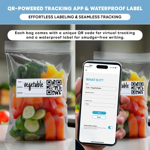 Vista 2 de Bolsas selladoras al vacío para almacenamiento de alimentos, paquete de 150 bolsas de vacío inteligentes con código QR, de 8 x 12 pulgadas, sin BPA