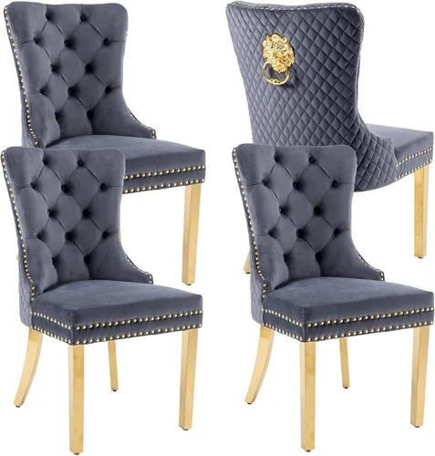 Vista 27 de KCC Juego de 2 sillas de comedor tapizadas de terciopelo, modernas sillas capitoné con botones con anillo de cabeza de león y patas de acero