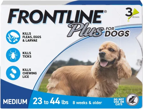FRONTLINE Plus Tratamiento de pulgas y garrapatas para perros medianos de hasta 23 a 44 libras. 3 tratamientos