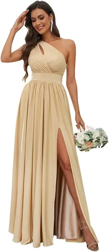 VCCICANY Women's One Shoulder Bridesmaid Dress with Slit Long Pleated Chiffon Prom Gown