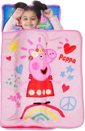 NoJo Peppa Pig I'm so Happy Toddler Nap Mat - Includes Attached Pillow and Fleece Blanket