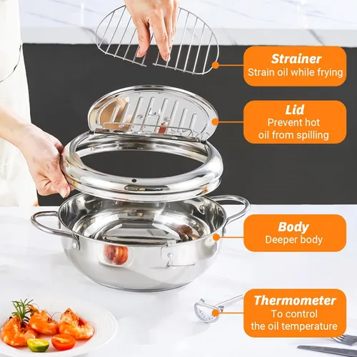 Vista 3 de Olla para freidora, olla japonesa con termómetro y escurridor de aceite, olla tempura de acero inoxidable 304 para estufa de gas y cocina
