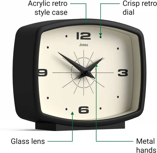 Vista 6 de JONES CLOCKS® Reloj de Escritorio Film Diseño Rectangular Retro Negro Diseño Retro, Combinando Estilo de Mediados de Siglo con un Acabado