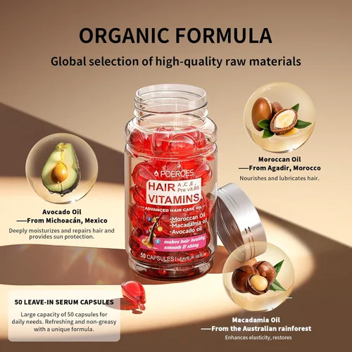 Vista 2 de Aceite para el cabello, 50 cápsulas – Vitaminas para el cabello A C E Pro B5 – Suero de tratamiento capilar – Suero para cabello encrespado y dañado