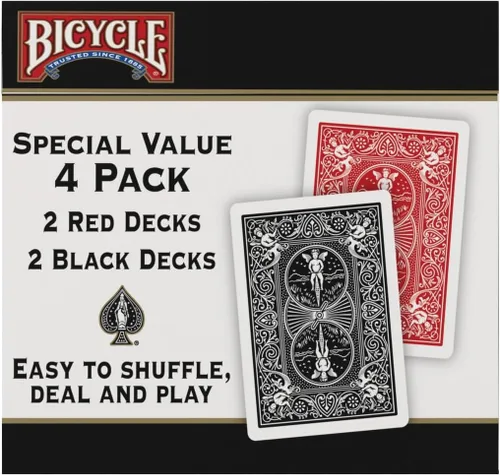 Vista 3 de Bicycle Juego de 4 Mazos de Cartas, Barajas de Tamaño Póquer con Índice Estándar en Rojo y Negro para Póquer, Blackjack, Rummy, Noches de Juego