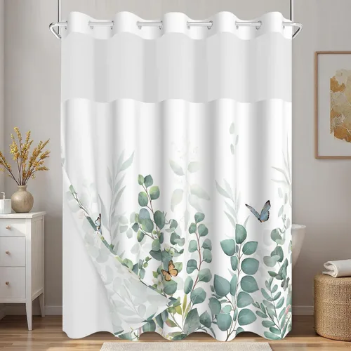 Vista 13 de No Hook Geometric Shower Curtain with Snap in Liner - 71″W x 74″L Waterproof Fabric with Mesh Top Window, Modern Abstract Triangle Design Bath