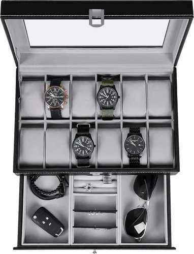 BEWISHOME Caja organizadora de 12 relojes con cajón de exhibición de joyas, bandeja ajustable, caja de almacenamiento de reloj para hombres con tapa