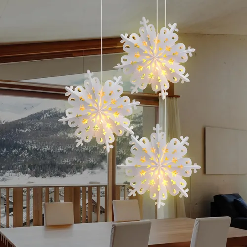 Vista 6 de Mudder 3 linternas de copo de nieve de papel de Navidad con 5 luces LED de 23.6 pulgadas, lámparas colgantes blancas 3D de copo de nieve