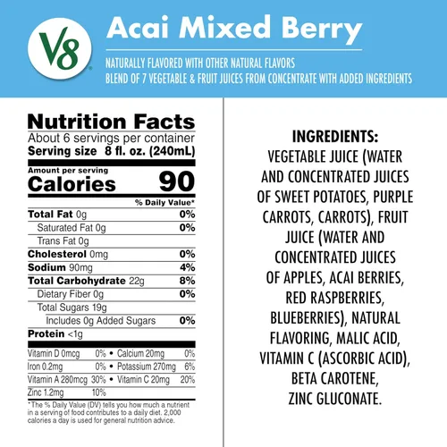 Vista 2 de V8 Acai Mezcla de bayas 100% jugo de frutas y verduras, botella de 46 onzas líquidas