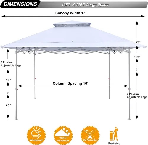 Vista 2 de ABCCANOPY - Base para toldo desplegable de 13 x 13 pies sobre estructura de toldo de 10 x 10 pies con parte superior doble ventilada, 4 bolsas