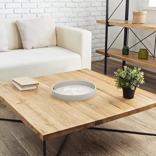 Vista 6 de Elegant Designs HG2013-GYS - Bandeja decorativa redonda de madera de 13.75" con asas, Bendecida y nunca estresada, gris